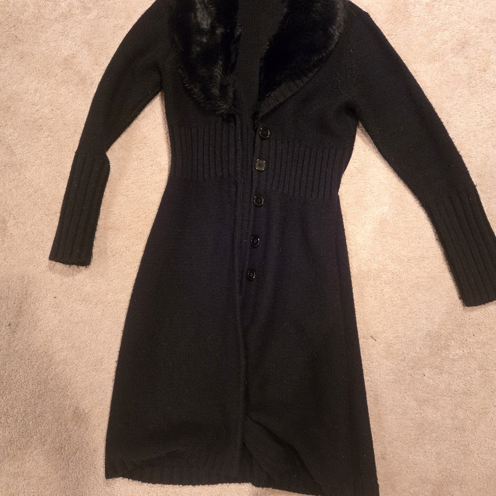 Black Knit Cardigan with Faux Fur Collar